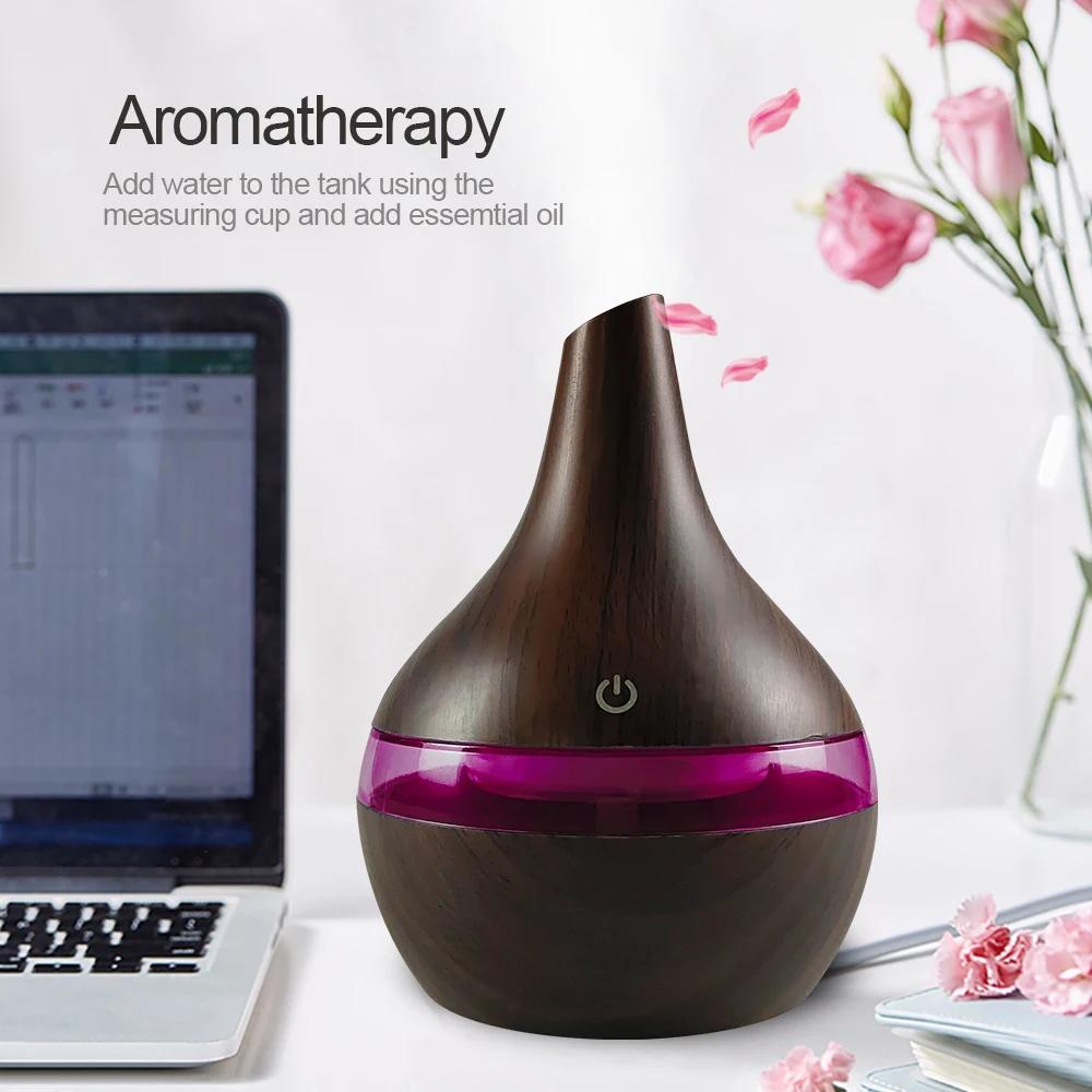300ml Wood Grain Humidifier, Essential Oil Diffuser, USB Powered, 2 Aroma Oils