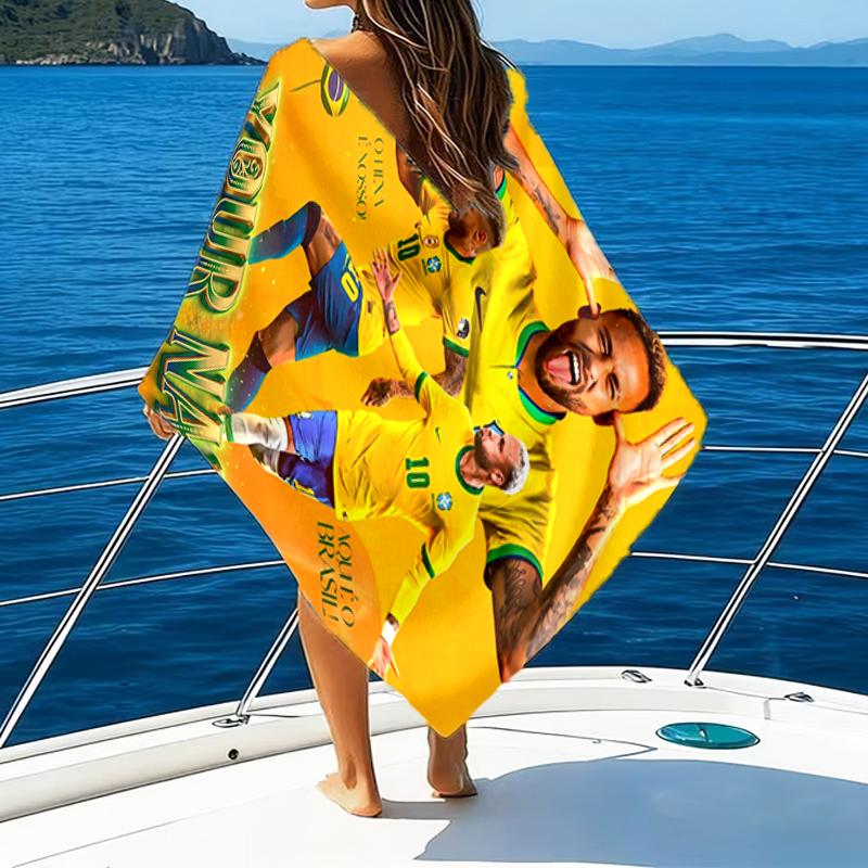 1pc Brazilian football player Beach Towel with Custom Name, Beach and Seaside Swimming Pool Equipment, Fashion Pattern, Rectangular, Travel Essential