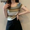 WTEMPO Y2K Knitted Tops Women Rainbow Stripes Tunic Tees Shirts Female Korean Summer Loose Casual T-Shirts