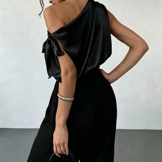 Женская рубашка с косым плечом, асимметричная, с открытыми плечами, блузка с бантом, повседневный стиль для commute, свободный крой, атласные топы, для повседневной носки