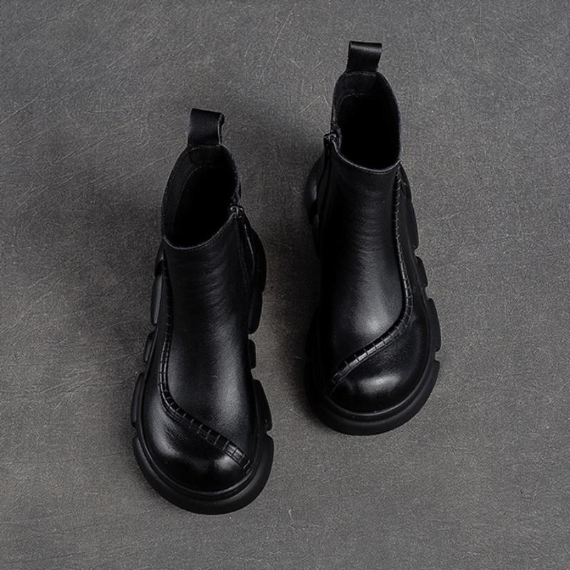 Johnature Короткие сапоги из натуральной кожи с боковыми молниями. Универсальная женская обувь в стиле ретро на толстой подошве.