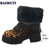 Туфли женские на платформе с леопардовым мехом и бахромой, зимние ботинки на среднем каблуке, теплые ботинки челси, тренд 2025 года, новые туфли-лодочки Mujer Botas