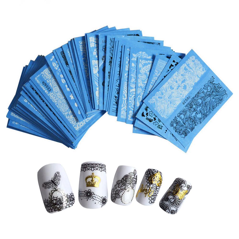 50 листов черные кружевные цветочные наклейки для ногтей, наклейки для маникюра, переводные наклейки, украшения для дизайна ногтей