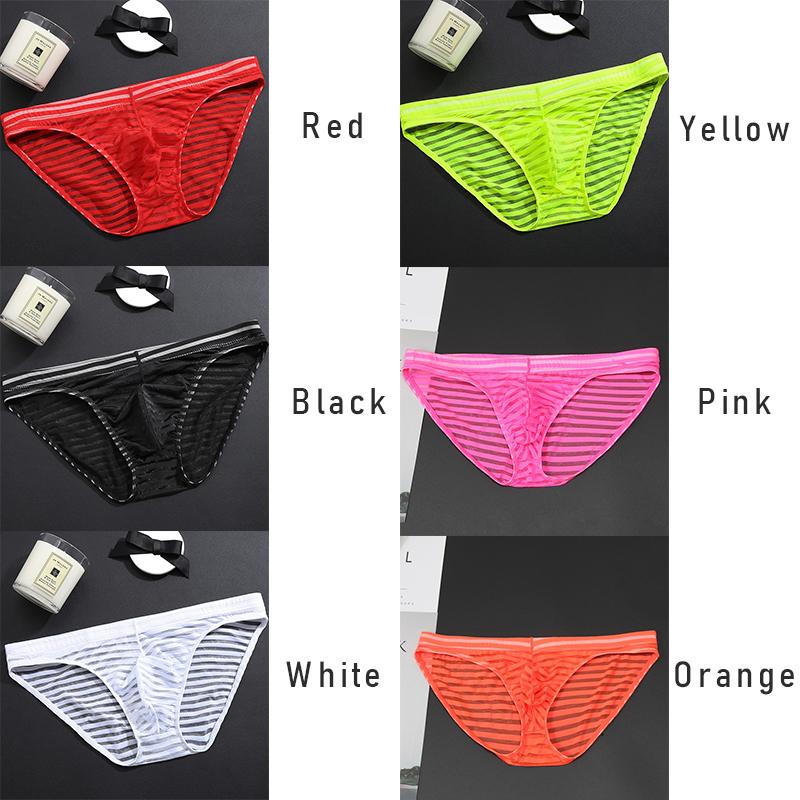 Men Mesh Striped Transparent Briefs Low Waist Ultra-thin Ice Silk Sexy Breathable Underwear Underpant Men Gays Sissy Panties
