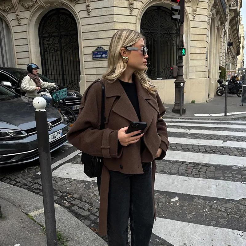 Однотонное двубортное женское пальто с лацканами, длинными рукавами, карманами, женский короткий пиджак 2025 года, весна-осень, верхняя одежда для офисной леди