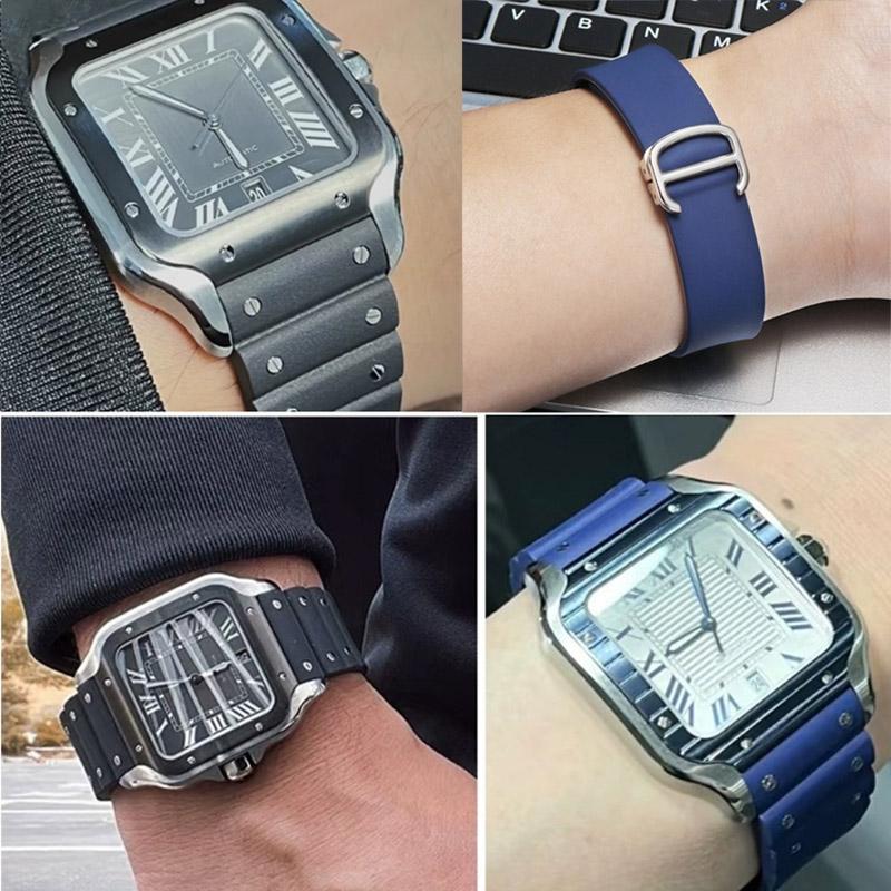 Высококачественный резиновый ремешок для часов Cartier Santos, ремешок для Santos 100 Series, черный, синий, водонепроницаемый браслет, ремень с раскладывающейся застежкой, 21 мм