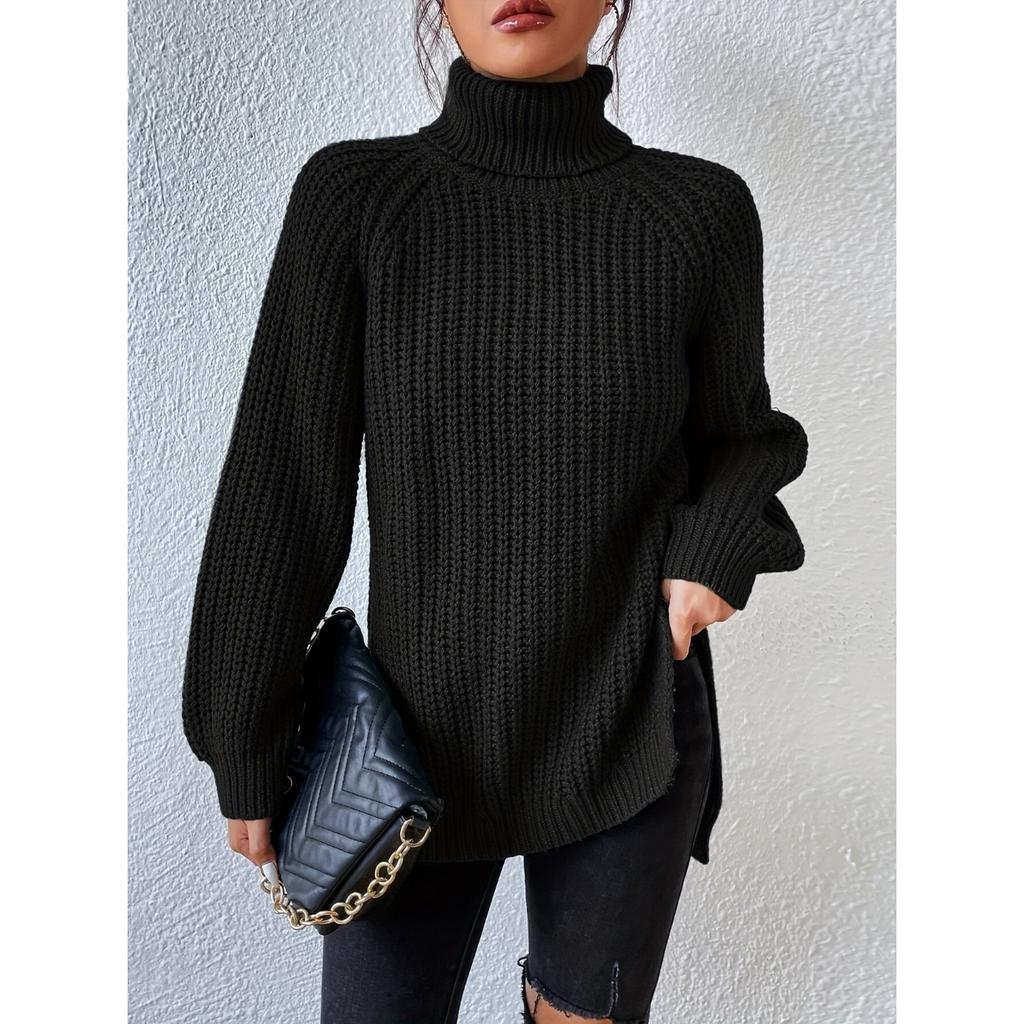 Водолазка вязаная с разрезом по низу универсальный свитер, повседневный свитер с длинным рукавом для осени и зимы, женская одежда