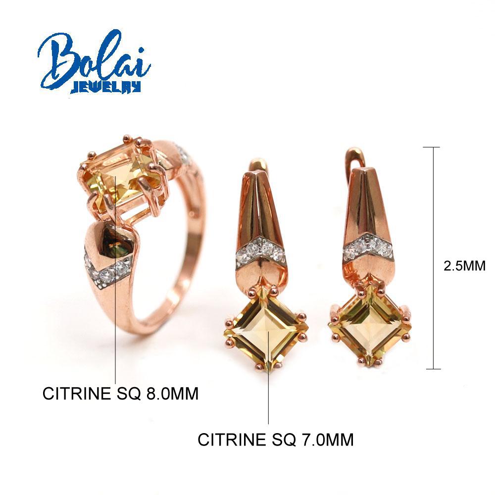 Bolaijewelry Натуральный цитрин Квадратный драгоценный камень Кольцо Серьги Подвеска Комплект ювелирных изделий Стерлинговое серебро 925 пробы Изящные украшения Подарок на годовщину для женщин
