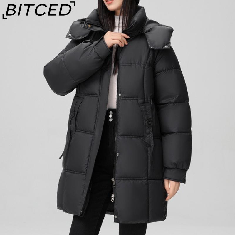 BITCED Fashionable Mid-Length Cotton Coat for Women Trendy Casual Warm-Weather Jacket with Detachable Hood