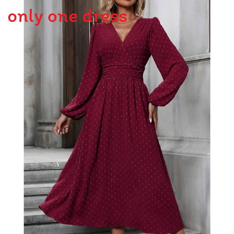 Polyester V Neck Lantern Sleeve Pleated A Line Dress For Autumn Winter Fashion