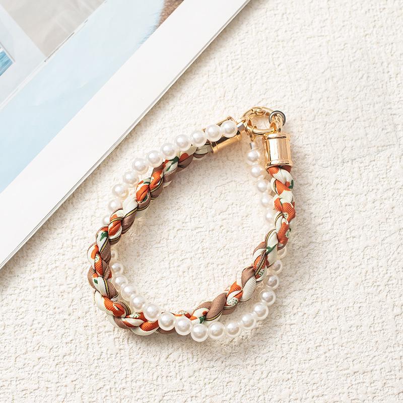 Douyin-Style Pearl Phone Lanyard with Silk Scarf Strap & Pendant