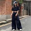 Women's Deep Blue Loose Wide Leg Jeans Street Girl High Waist Baggy Pants Casual Straight Denim Trousers
