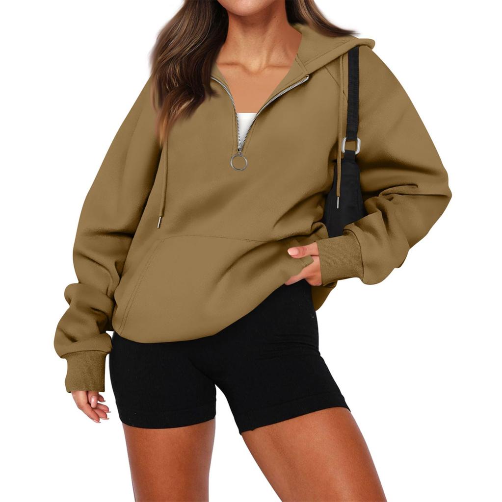 Women's Casual Fashion Long Sleeve Solid Color Zip Hooded Sweatshirt Top With Pocket