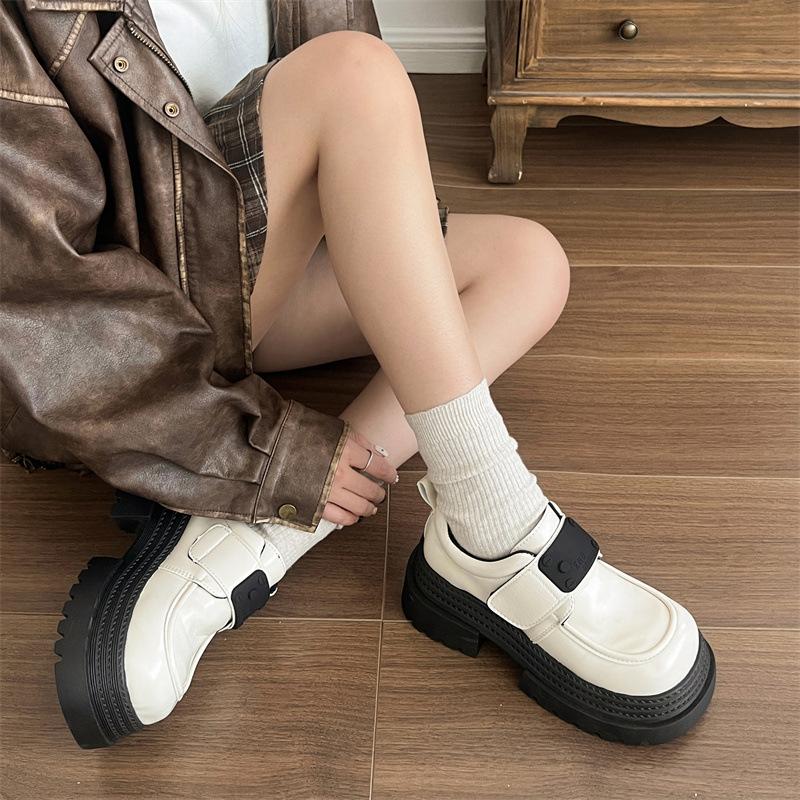 Retro Heightening British Style Platform Small Leather Shoes Women's 2025 New Autumn and Winter Versatile Velcro Mary Jane Loafers