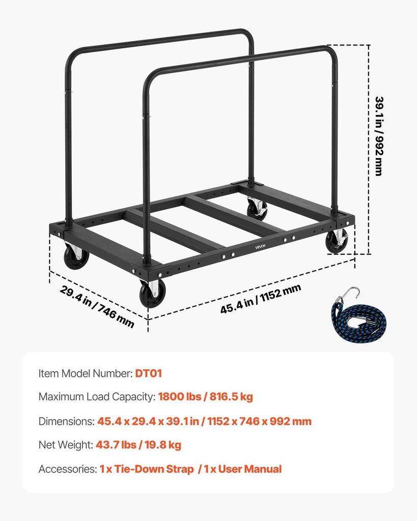 Drywall Cart Dolly, 816 kg Load Capacity, Steel Panel Truck Cart with 12.5 mm Swivel Casters, Lumber Drywall Dolly with Tie-Down Strap & 2 Side