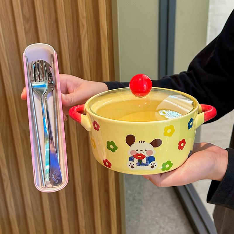 Кремовая ветровая посуда Милая керамическая миска для лапши быстрого приготовления с крышкой Двуухая суповая миска Миска для лапши быстрого приготовления для студенческого общежития