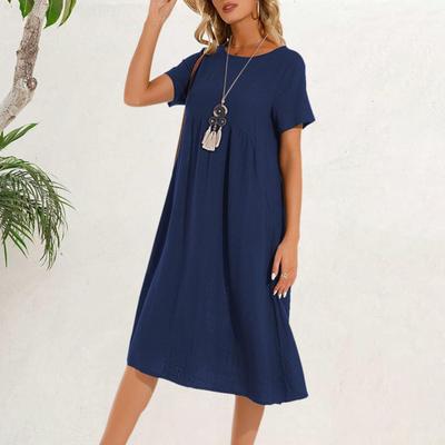 Женское платье с круглым вырезом, коротким рукавом, длиной до колена, однотонное, с карманами, свободного кроя