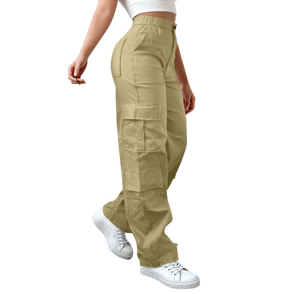 Womens Elastic High Waisted Cargo Pants Stretch Casual Wide Leg Streetwear Parachute Hiking Pants With Pockets