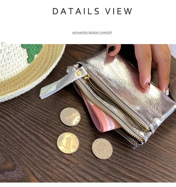 Кошелек из натуральной коровьей кожи, женский кошелек для монет, мешочек для денег, зажим, серебристый, модный, женский кошелек, держатель для кредитных карт, маленькие женские сумки-кошельки на молнии, мешочек