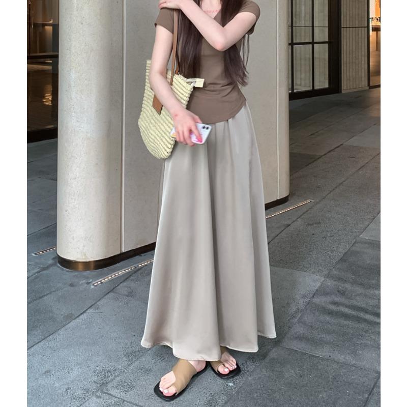 DX~~ Простой темперамент весной и летом, атласная юбка с драпировкой, высокая талия и узкая юбка.