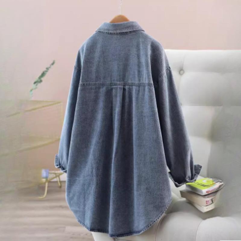 Джинсовая рубашка средней длины, женская весенняя свободная однобортная джинсовая куртка, повседневная свободная рубашка с длинными рукавами