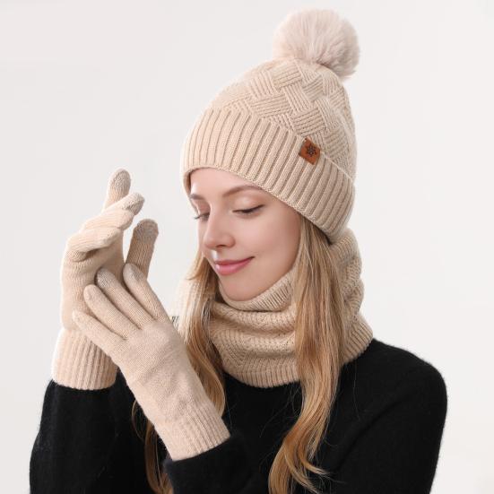 Набор из 3 предметов: женская шапка, шарф, перчатки, шапка с плюшевым помпоном, защита от холода, двухслойный шарф, набор перчаток для сенсорного экрана, лыжное снаряжение для велоспорта