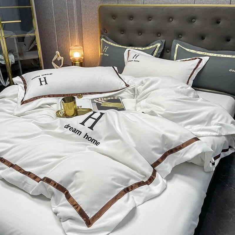 4 Pcs Light Luxury Polyester Cotton Sheets for Bed Solid Colour Full Queen King Size Bed Comforter Set with Duvet Cover