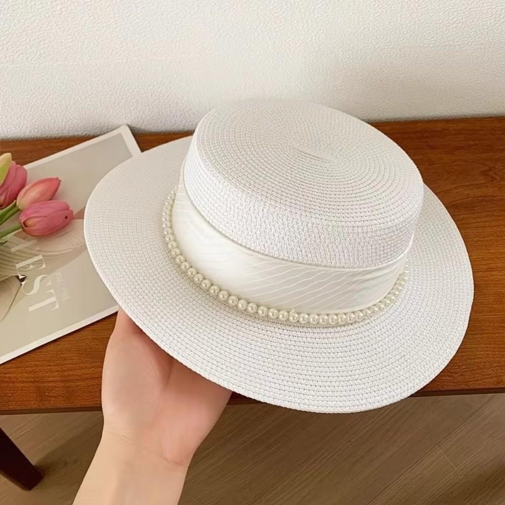 New French Hepburn Style Straw Hat Solid Color UV Protection Pearl Chain Hat Breathable Straw Weaving Flat Sun Hat Beach Wear