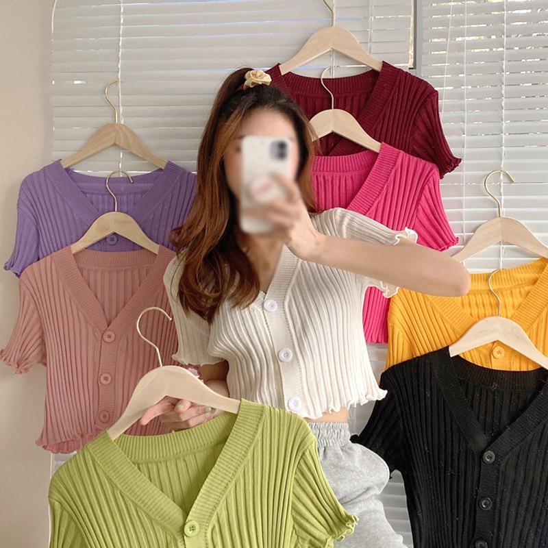 Летняя вязаная футболка с оборками, модные сексуальные тонкие укороченные топы с v-образным вырезом, однотонный кардиган с короткими рукавами для женщин