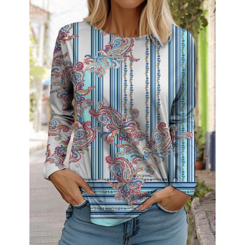 Women's White Long-sleeved Tops Round Neck Casual Tops 3d Printed Flowers Fashion Stickers Printed Women's Long-sleeved T-shirt