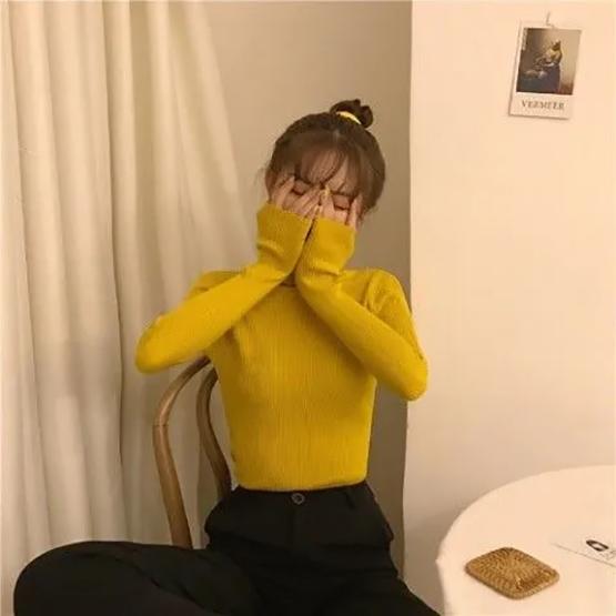 Turtleneck Pullovers Sweaters Women Autumn Winter Knitted Shirts Solid Color Long Sleeve Slim-fit Tight Jumper Tops