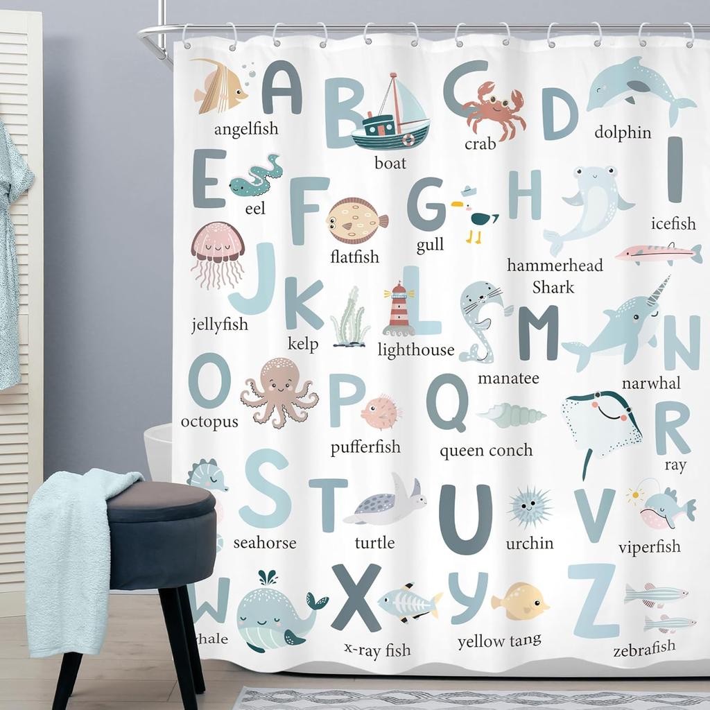 Kids Shower Curtain Cute Cartoon Alphabet ABC Sea Animal Blue Educational Ocean Bathroom Curtain Set Baby Boys Girls BathCurtain