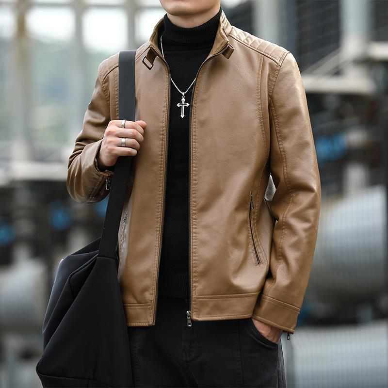 Мужская кожаная куртка Весна и осень Куртка-локомотив Воротник-стойка Мужская верхняя модная короткая кожаная куртка Бархатная кожаная куртка