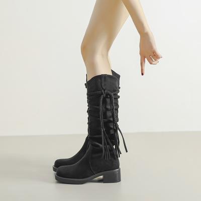 Женские сапоги с большим обхватом голенища, сапоги для полных ног, женские ретро сапоги-рыцари с бахромой в стиле постапокалипсиса, расширенные сапоги с подкладкой