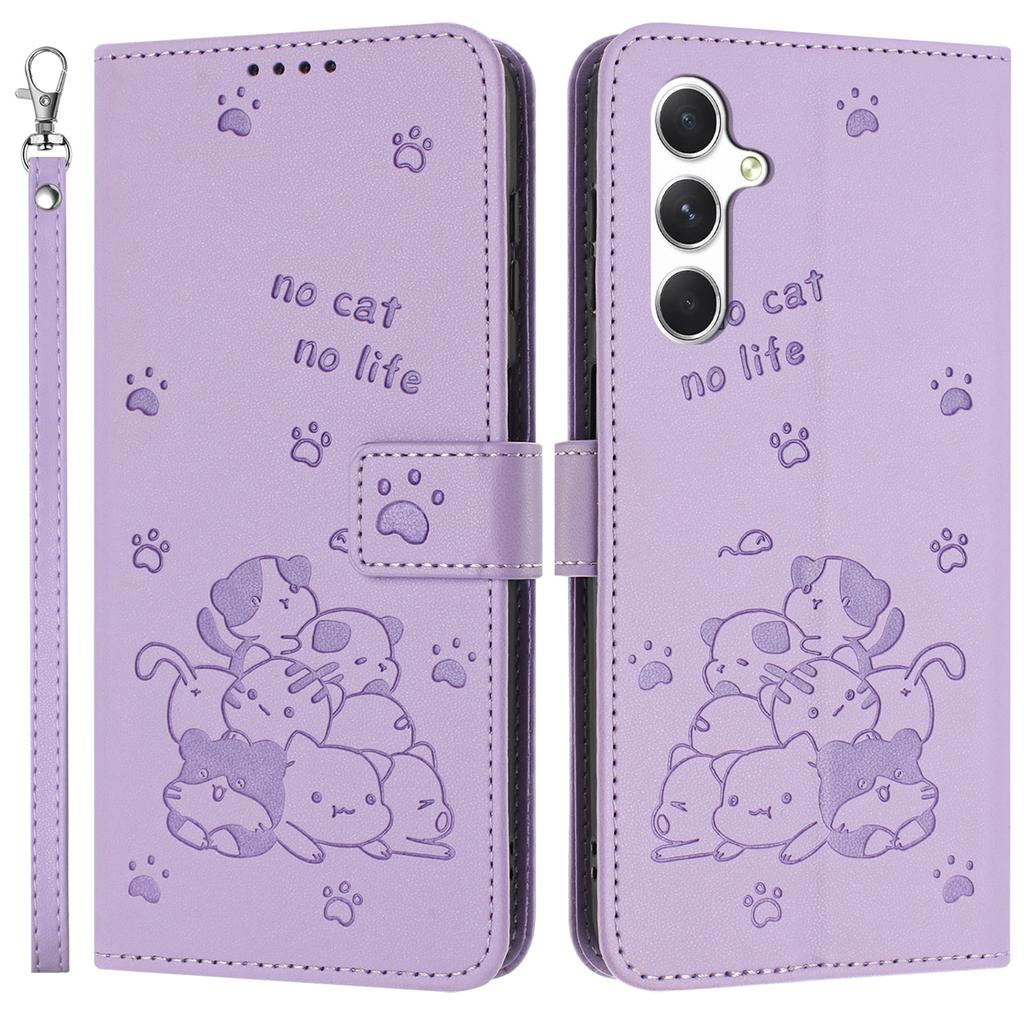 For Samsung Galaxy A55 5G Case with Strap Cats Imprint Leather Wallet Phone Cover