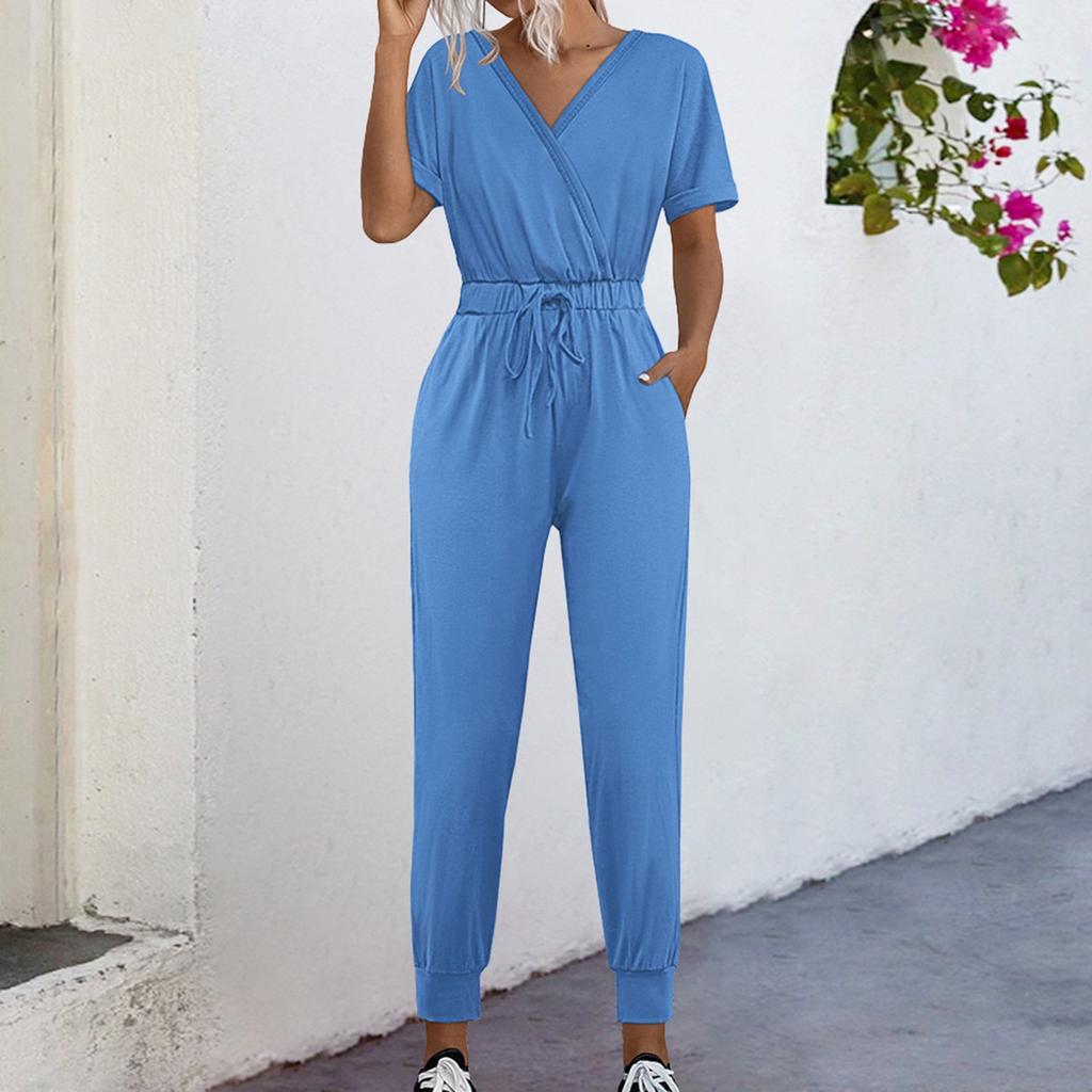 Women's Casual Short Sleeve V-Neck Intersection Jumpsuit