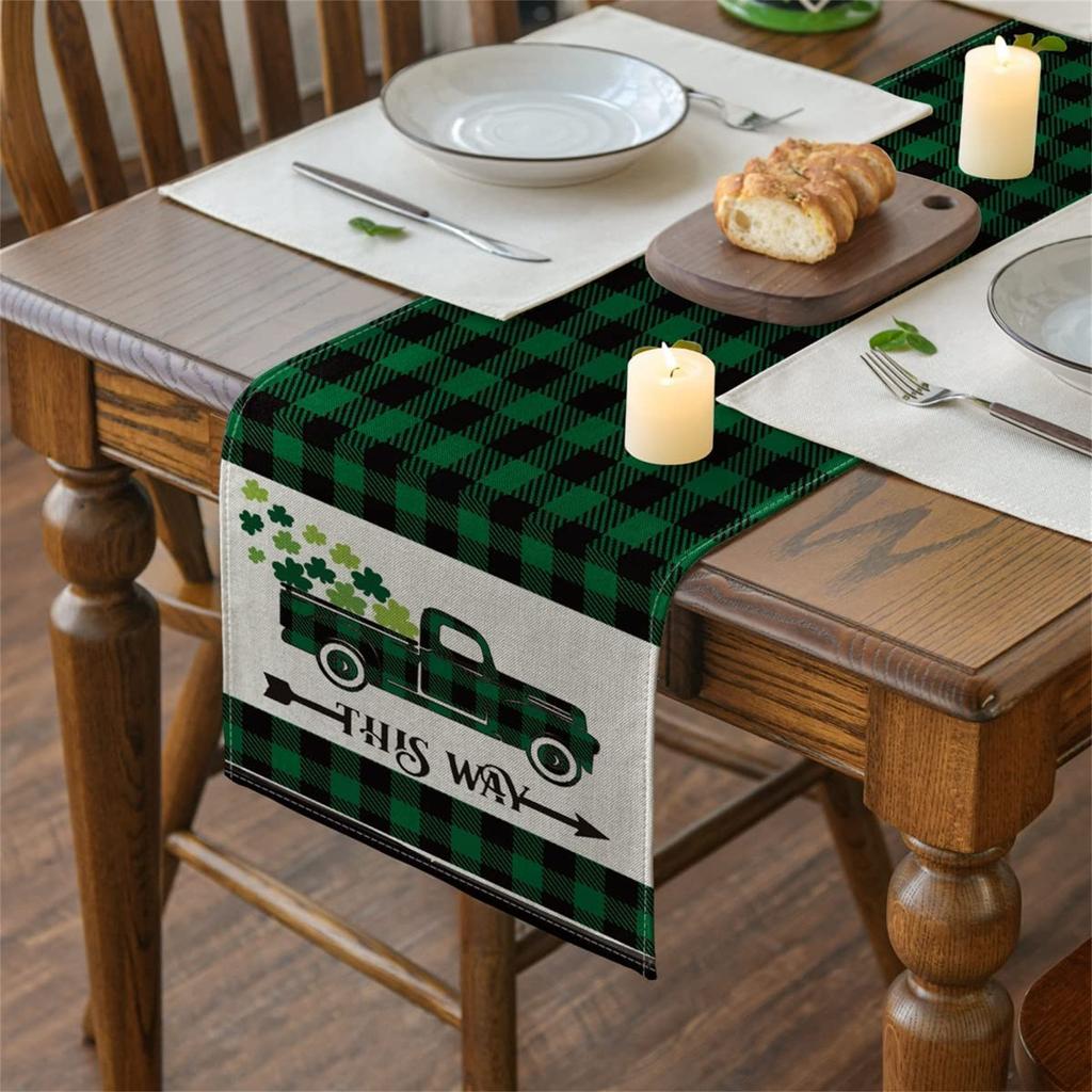 Luc-ky Sham-rock Table Runner For St Patricks Day Decorations 47 Inch Irish Cover Spring Green Holiday Home Kitchen Centerpiece Decor