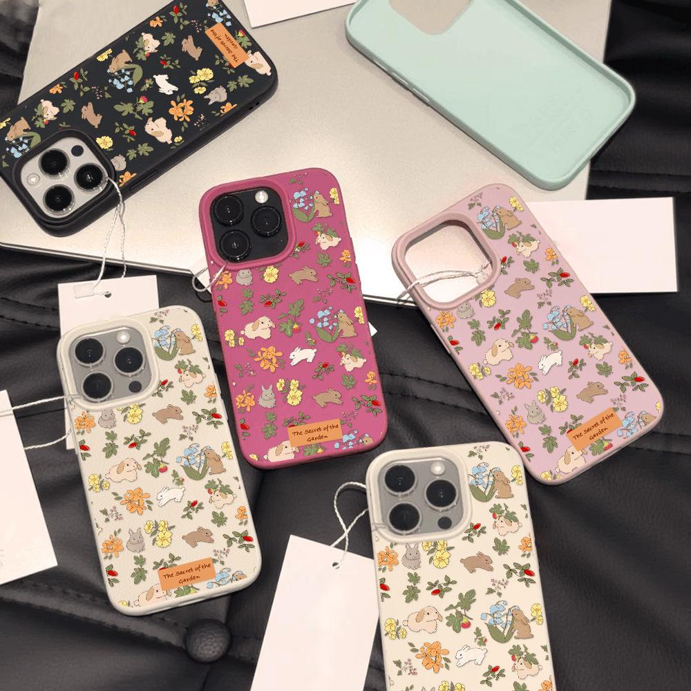 Применимый iPhone17ProMax цветочный и травяной узор из кроличьей кожи чехол для мобильного телефона защита мягкий чехол 17/16/15 большое отверстие 14 милый