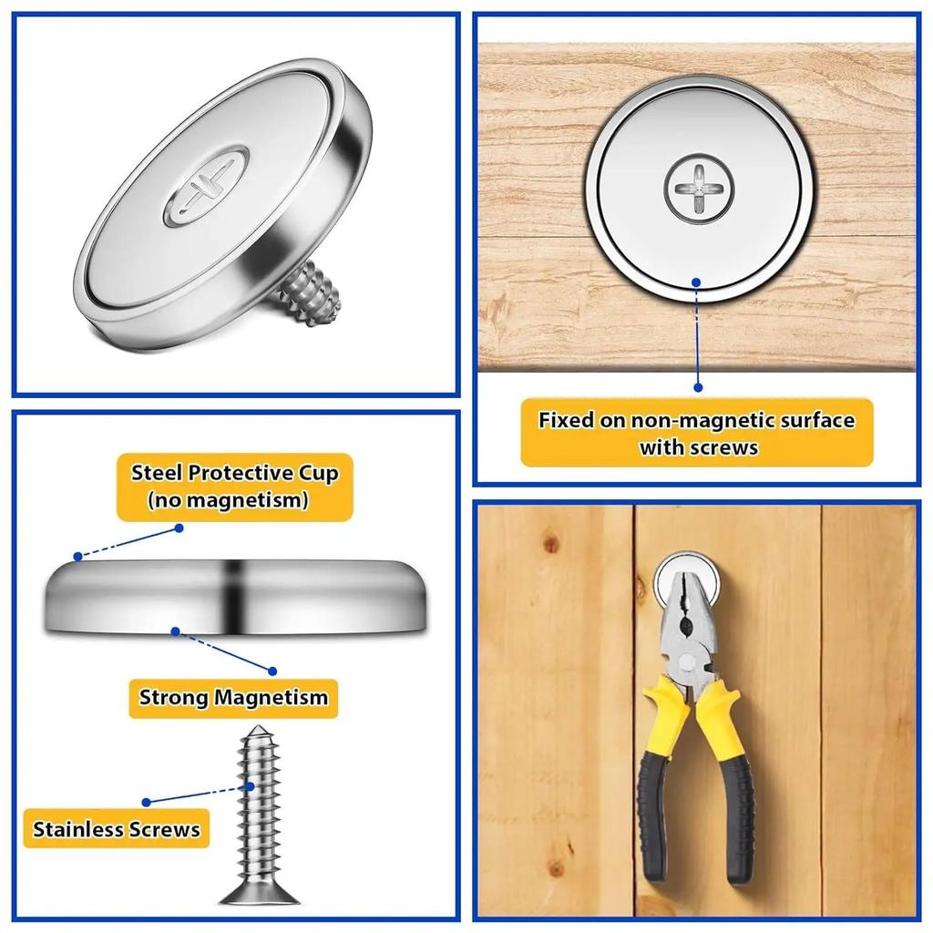 Набор из 4/8/12 магнитов-чашек, промышленные круглые дисковые магниты с потайным отверстием и винтами из нержавеющей стали, 60 фунтов
