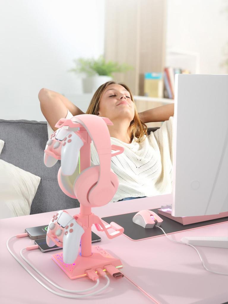 VCOM Обновленная подставка для наушников, многофункциональная, 7-цветная, перезаряжаемая, с 2 портами USB A и 1 портом USB C, [Геймпад, Игровой контроллер и Гарнитура]