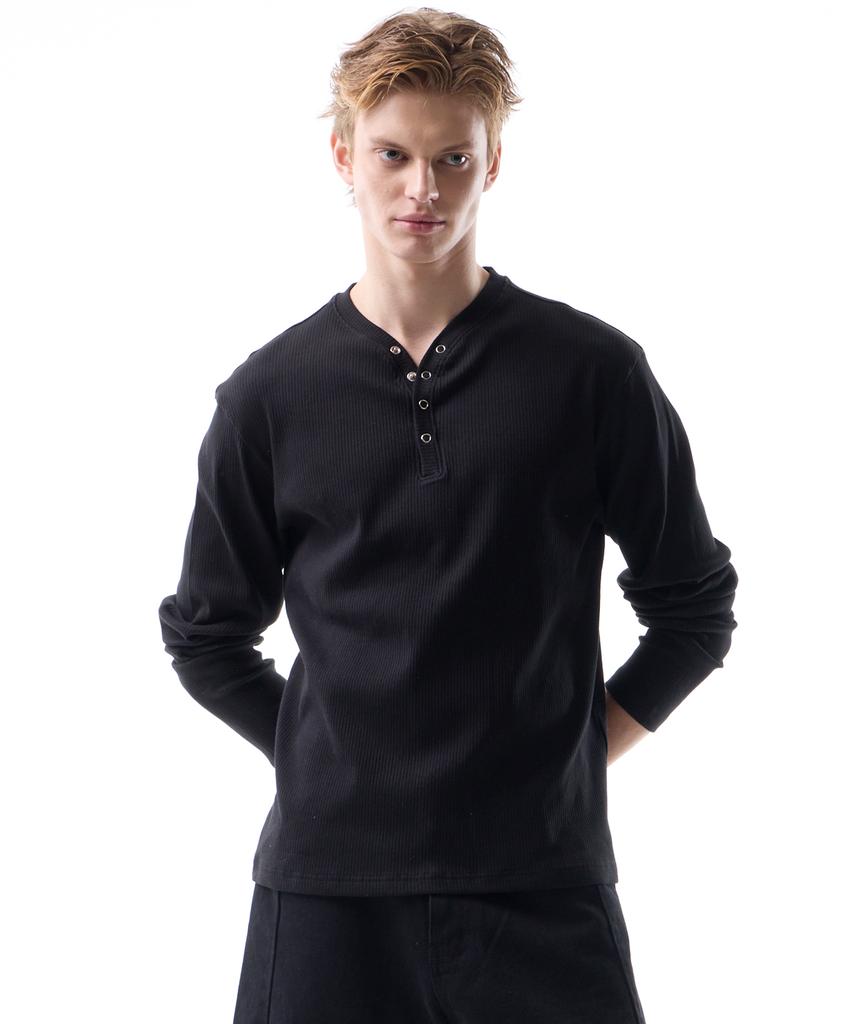 LEARVE David V-Neck Snap Henley Neck Long Sleeve Black