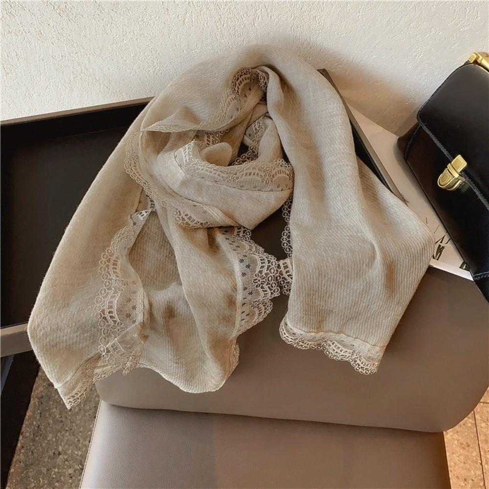 Solid Color Cotton Linen Scarf Lace Edge Silk Scarf Literary Flaxen Lace Scarf  for Women
