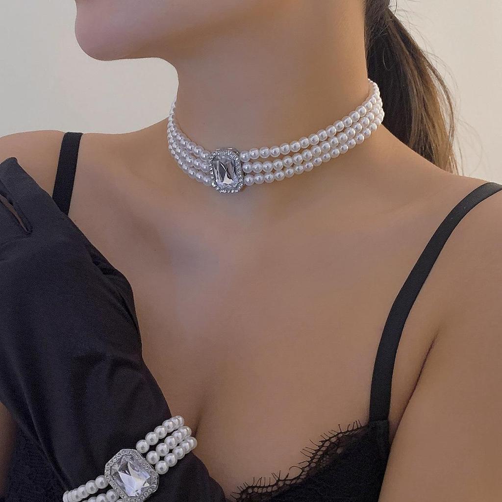 Многослойное колье в виде сердца с бриллиантами, бусинами и искусственным жемчугом - Женские европейские многослойные украшения