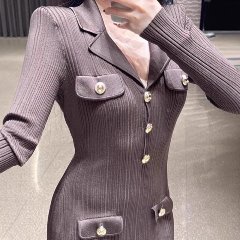 Elegant Brown Knit Wrap Dress With Turn-Down Collar High Waist Slim Fit Long Sleeve Office Chic Womens Midi