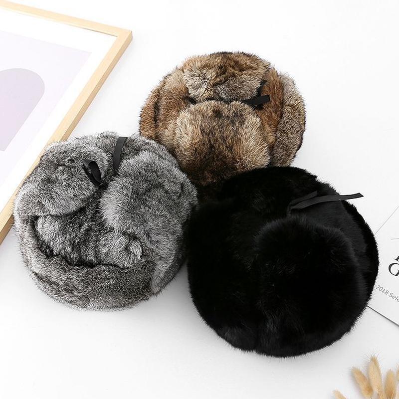 Мужские шапки, теплая шапка-бомбер из натурального меха кролика с ушами, горячая распродажа, теплая русская шапка-ушанка унисекс, шапки из натурального меха кролика