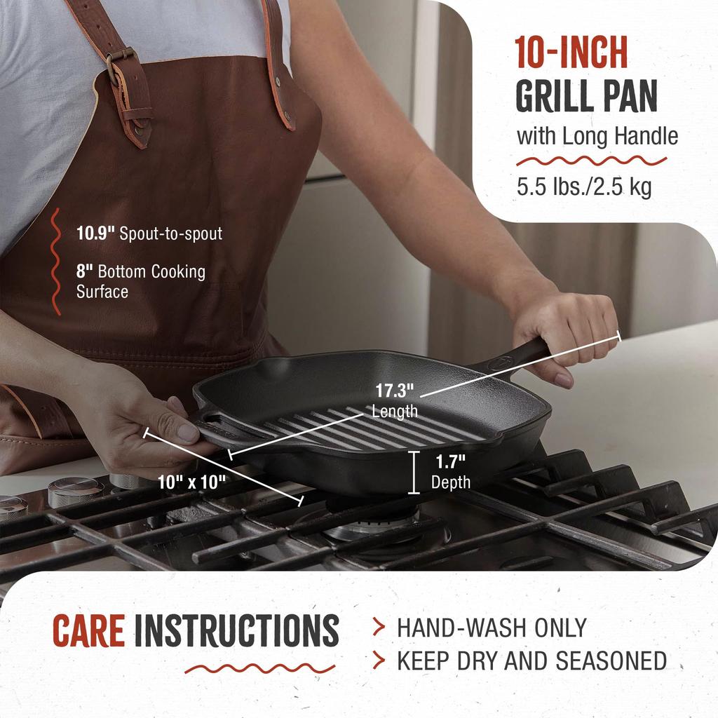 Victoria Cast Iron Grill Long Griddle Flaxseed Oil Seasoned Pan, Square, Handle, Pan,