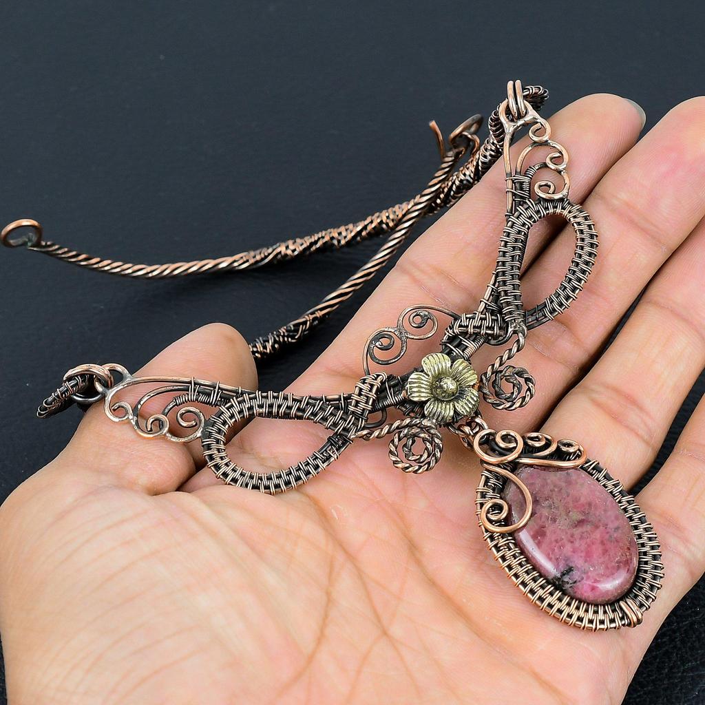 Родонитовая подвеска, ювелирное изделие из драгоценного камня, подвеска, обернутая медной проволокой 999 пробы, регулируемая цепочка ручной работы, подарок для жены, ювелирное изделие