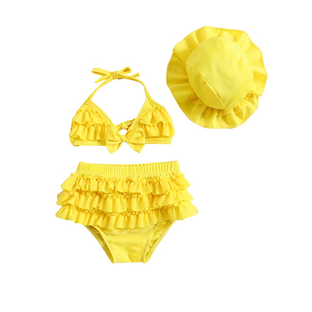 Baby Girls Summer Swimwear Outfit Sets Hanging Neck Tops + Layered Ruffle Shorts + Hat