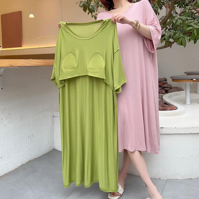 Модал с подушечками для бюстгальтера, макси-платье с короткими рукавами, женские летние ночные рубашки без стальных колец с круглым вырезом и без бюстгальтера больших размеров