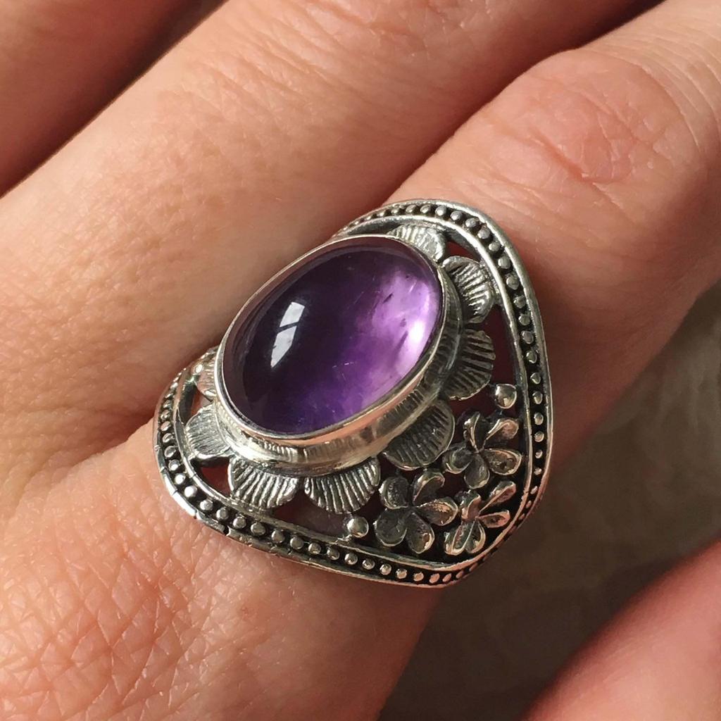 Amethyst and Silver Inlaid Nepalese Vintage Unisex Ring